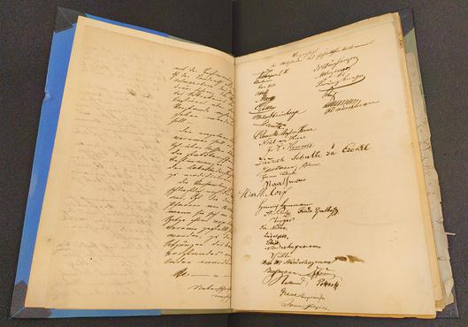 Das erste Versammlungsprotokoll mit Unterschriften der Gründungsmitglieder (30. September 1846)